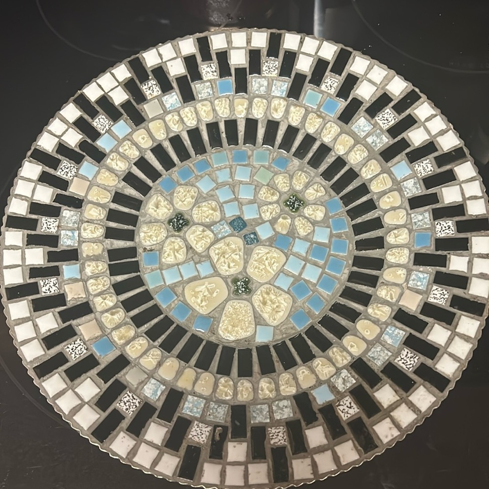 Vintage Large antique mosaic plate with 3 white flowers. 12”